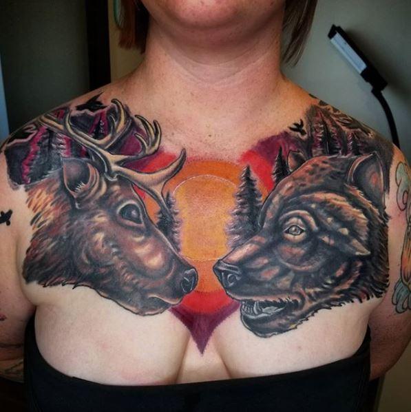 Painted Temple : Tattoos : Body Part Chest Tattoos for Women : Cody Cook Deer and Bear Chest Piece